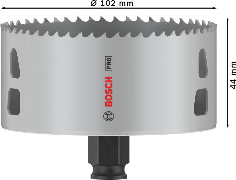 Bosch děrovací pila, průměr 102 mm, výška 44 mm, se zuřením a centrálním upevňovacím vrtákem.