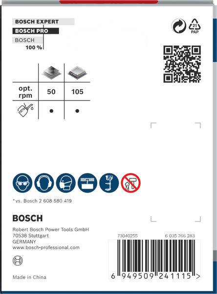 Obalový design brusných kotoučů Bosch Expert. Nahoře detaily o produktu. QR kód vedle loga recyklace. Dole provozní symboly a informace o výrobci.