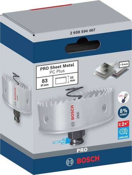 Balení pilové děrovací pilky Bosch pro plech, průměr 83 mm. Zobrazuje produkt a detaily kompatibility materiálu a trvanlivosti.