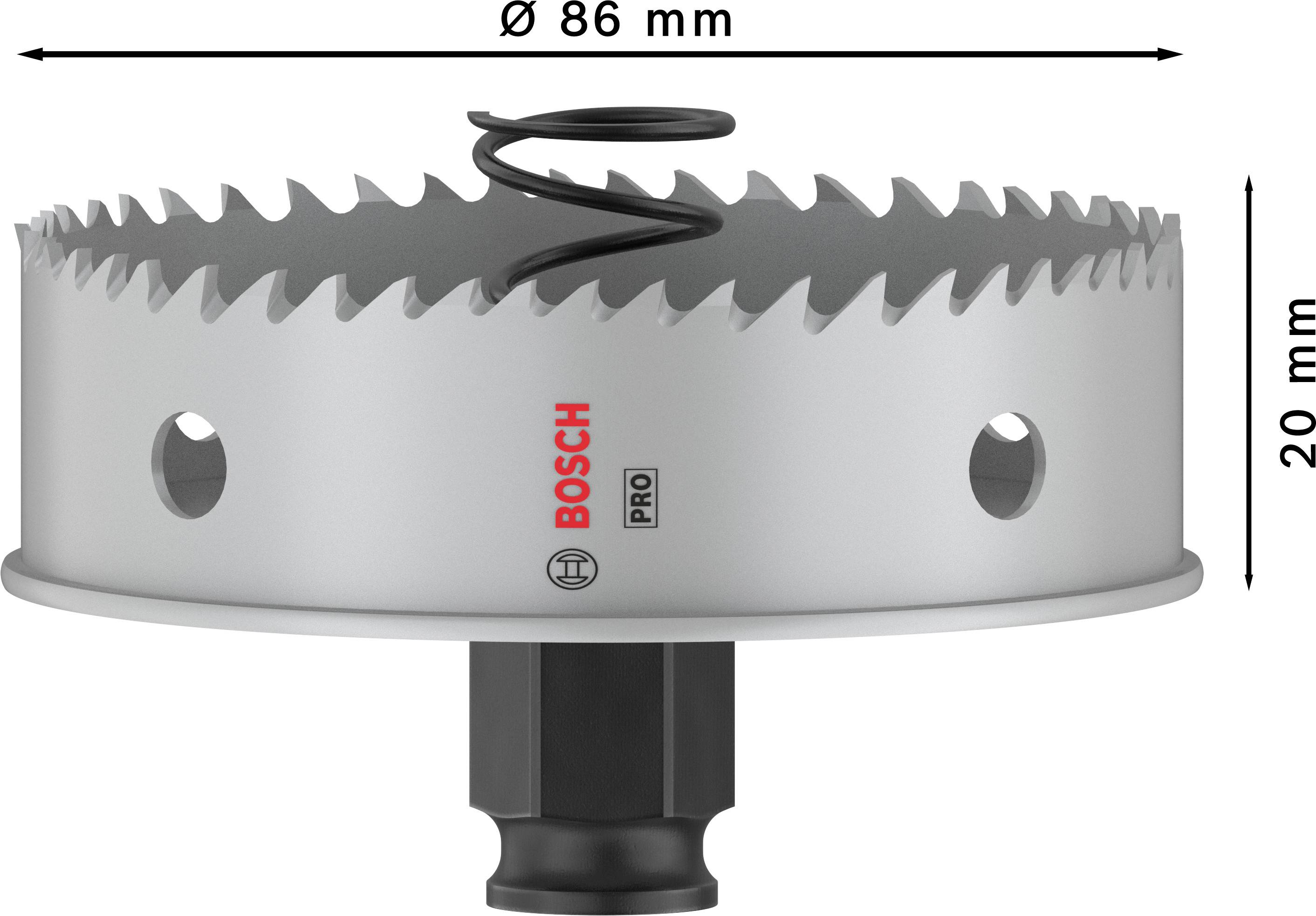 Děrovka od Bosch, průměr 86 mm, výška 20 mm, šedá barva, s ostrými zuby a centrálně upevněným trnem.