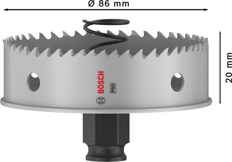 Děrovací pila s průměrem 86 mm a výškou 20 mm. Vrtací hlava je opatřena logem Bosch.