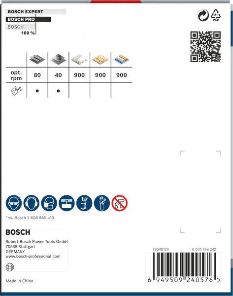 Obal série pilových listů Bosch s komplexními produktovými informacemi, symboly použití a QR kódem na webové stránky.