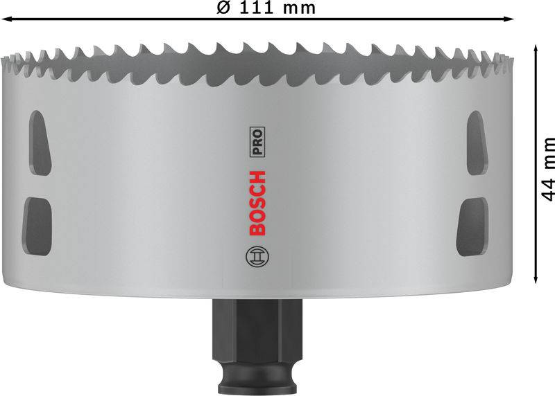 Šedá děrovací pila Bosch o průměru 111 mm a výšce 44 mm, vhodná pro profesionální použití.