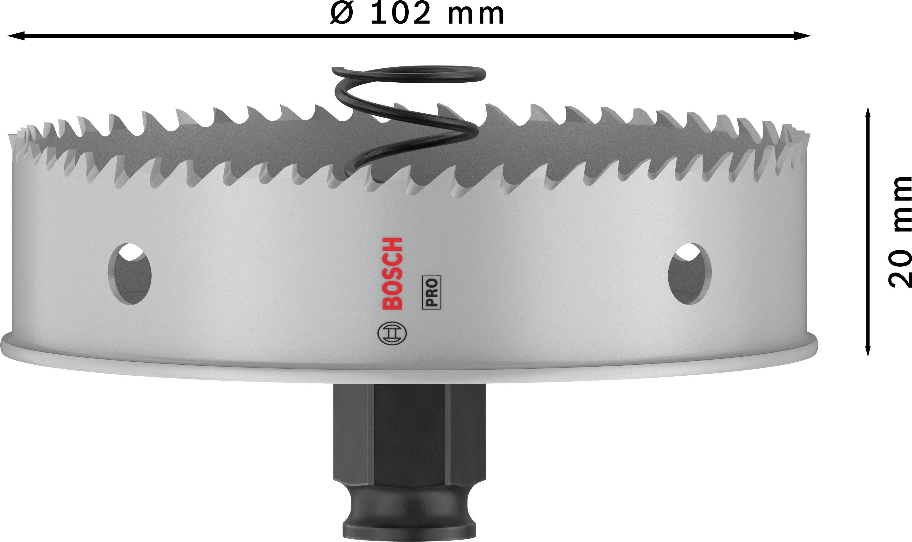 Bosch Pro děrovka, průměr 102 mm, výška 20 mm; ozubená řezná čepel, vhodná pro obrábění kovů.