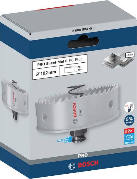 Obal děrové pily Bosch pro tenké plechy. Velikost: 102 mm. Nerezová ocel s 8% podílem kobaltu, vhodná pro tloušťku plechu nad 5 mm.