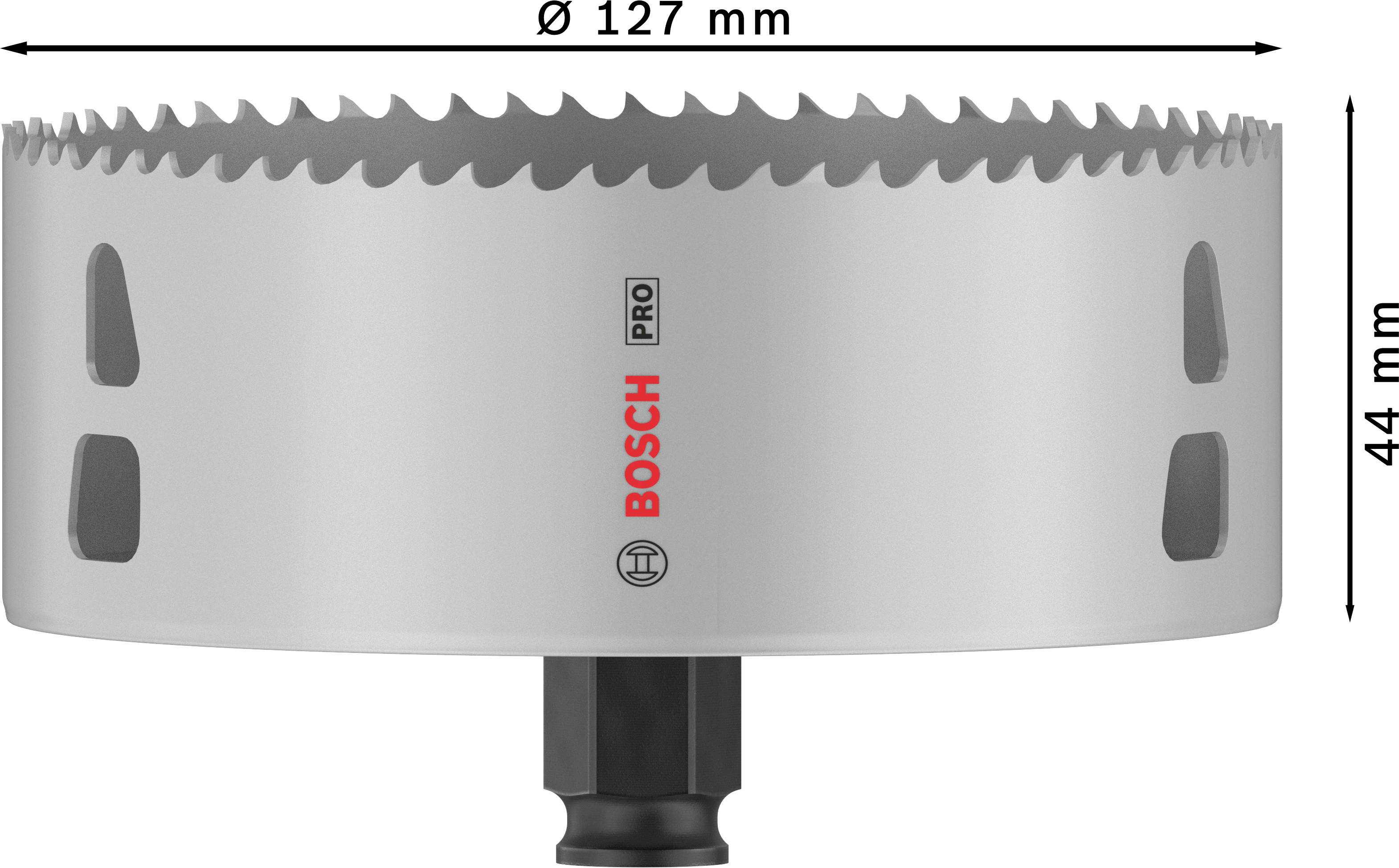 Děrovací pila 'BOSCH Pro' s průměrem 127 mm a hloubkou 44 mm, zobrazená z boku s viditelným popisem a zuby.