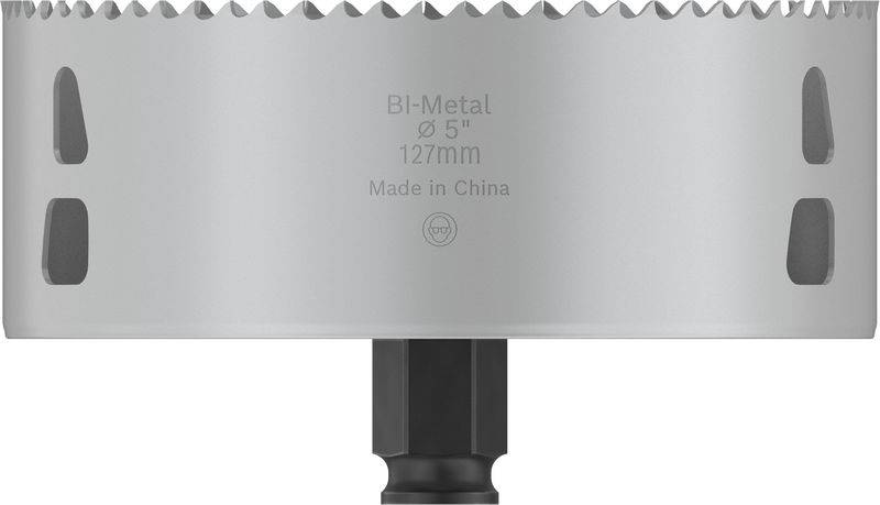 Vrtací koruna z bimetalu, průměr 127 mm, označení 'Made in China'. Používá se pro velké vrtané výřezy v různých materiálech.