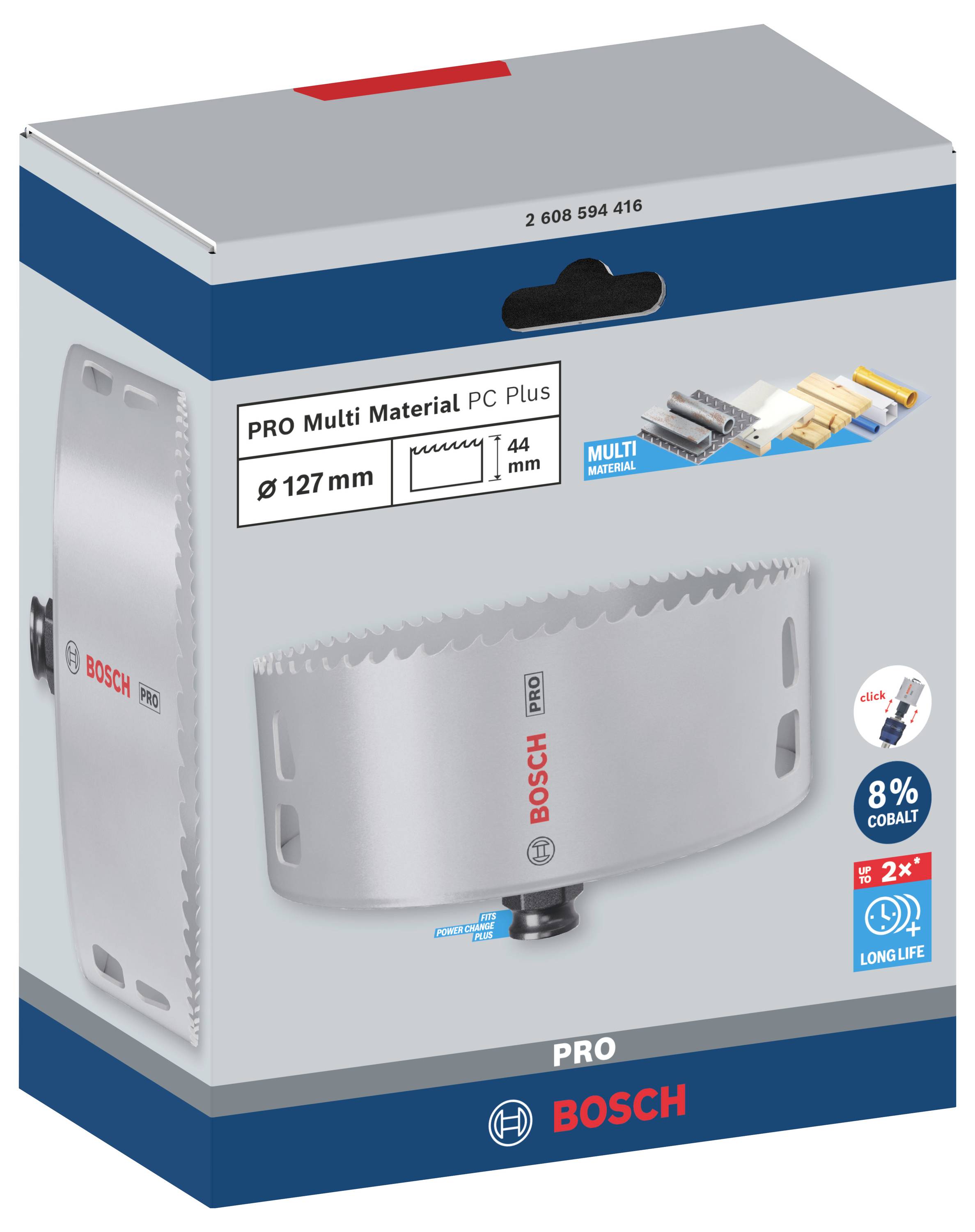 Balení pilového listu Bosch o průměru 127 mm, vhodného pro práci s více materiály; obsahuje logo a hlavní charakteristiky, včetně 8% podílu kobaltu.
