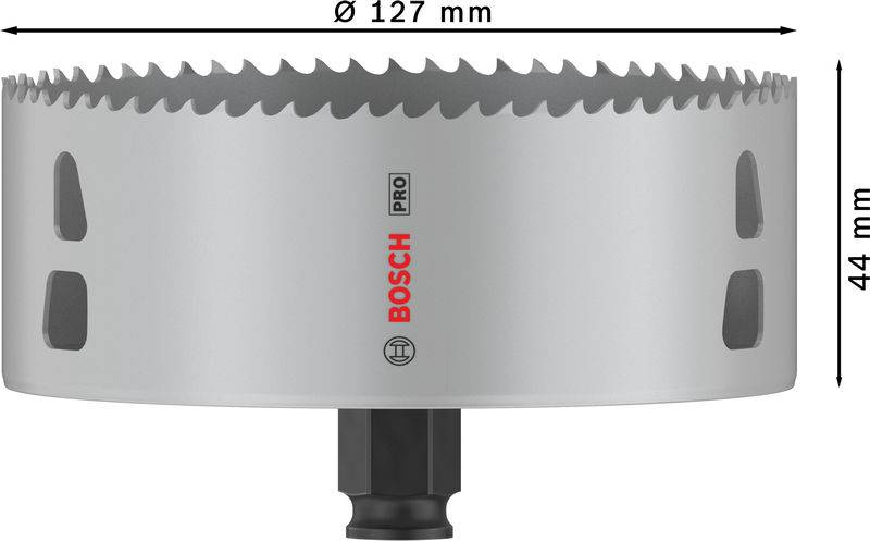 Kovová děrovací pila o průměru 127 mm a výšce 44 mm. Vhodná pro přesné vrtání do různých materiálů.
