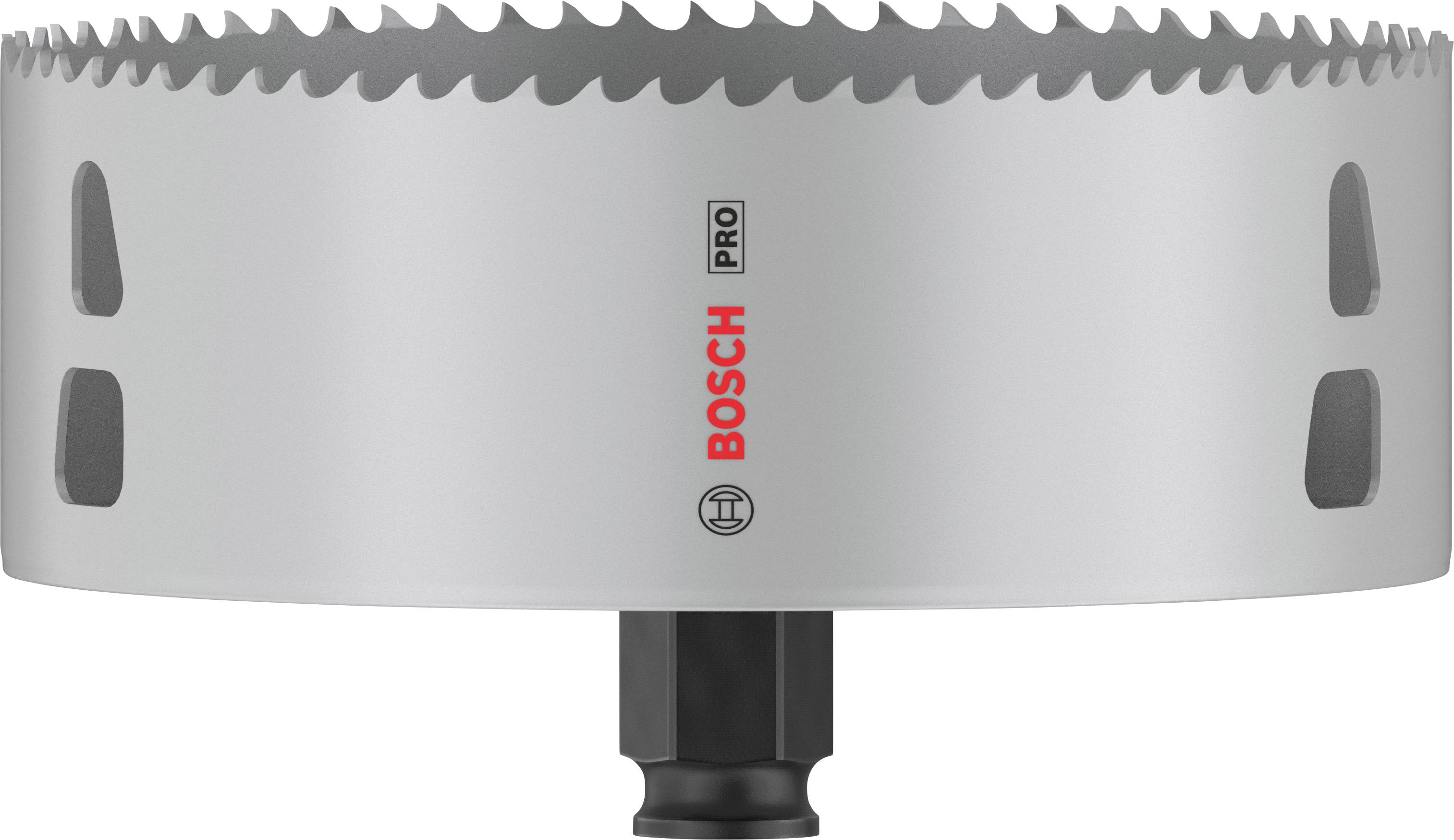 Stříbrná děrovací pila s ostrými zuby, červené logo značky 'Bosch Pro' na boku. Určeno pro profesionální vrtání a frézování.