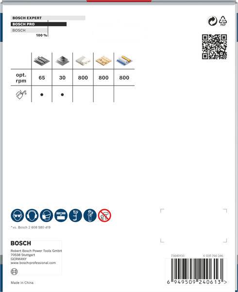 Obal produktu 'Bosch Expert' zobrazuje pět přesných obrázků pilových listů s doporučenými otáčkami 65, 30, 800, 800 a 800 ot./min.