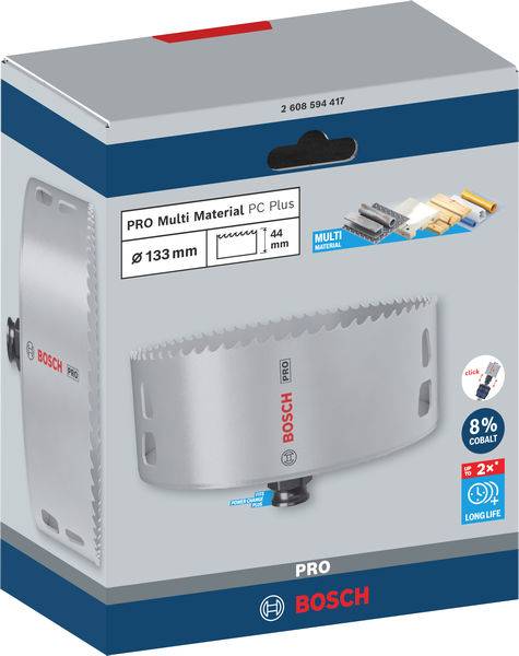Balení pilové děrovky Bosch Ø133 mm, PRO Multi Material. Zobrazuje pilový list, ikony použití a text '8% kobalt', '2x dlouhá životnost'.