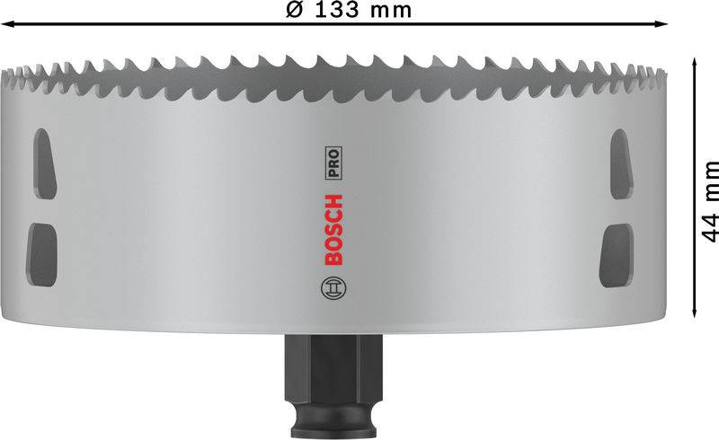 Na obrázku je zobrazen děrovací pila Bosch Pro o průměru 133 mm a výšce 44 mm, vhodná pro profesionální použití.