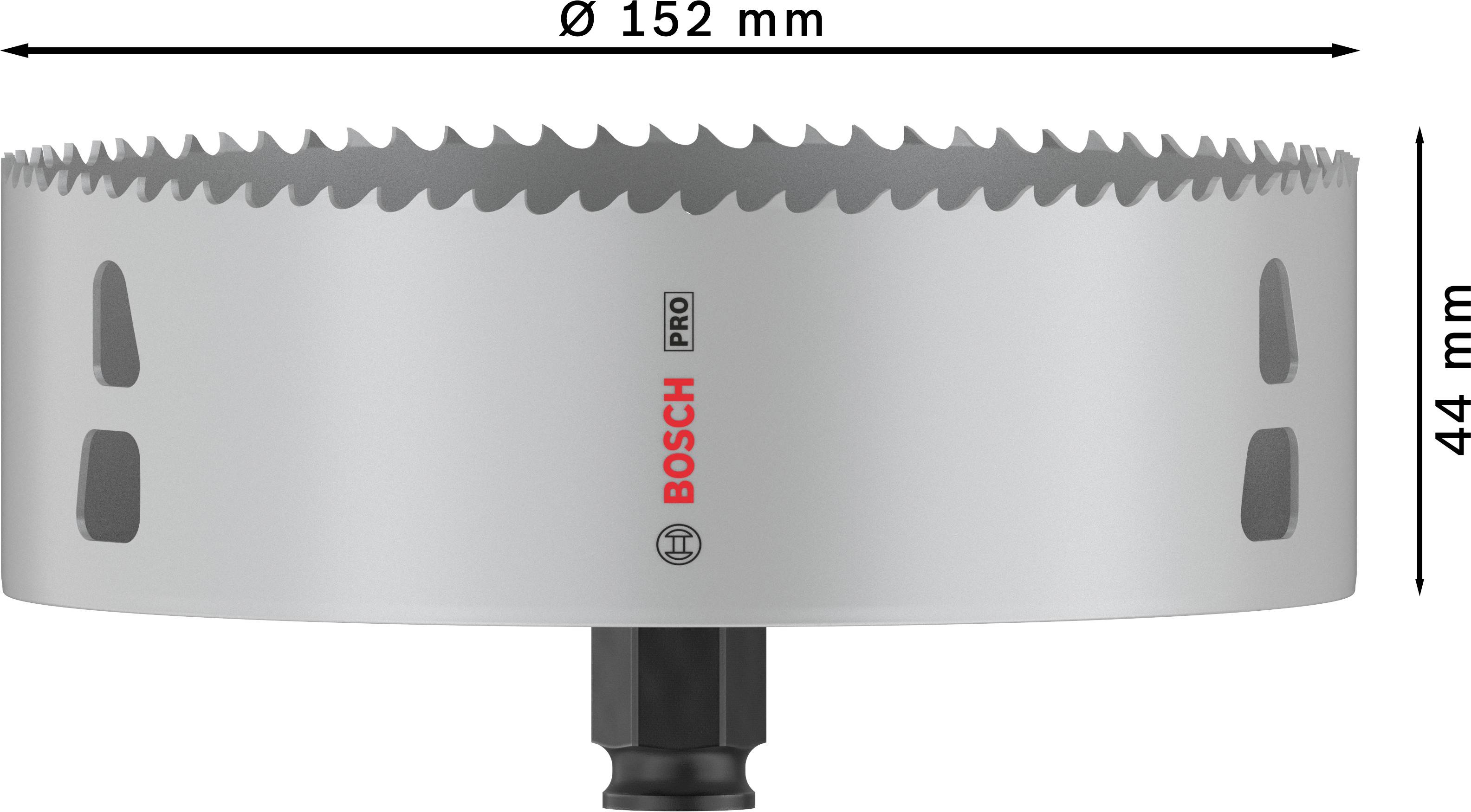 Korunková pila 'Ø 152 mm' s hloubkou řezu '44 mm' od Bosch, používaná k vrtání velkých otvorů v materiálech jako je dřevo nebo kov.