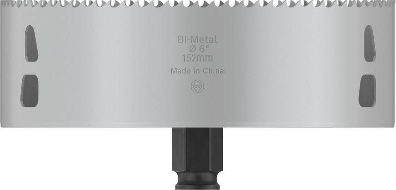 Velký kulatý pilový nástavec z bimetalu, průměr 152 mm, s popisem 'Bi-Metal Ø 6" 152mm Vyrobeno v Číně'.
