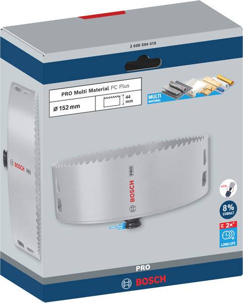 Obal pilové vrtací korunky Bosch Pro Multi Material, velikost 152 mm, zobrazuje aplikace pro dřevo, plast a kov, včetně příslušenství.