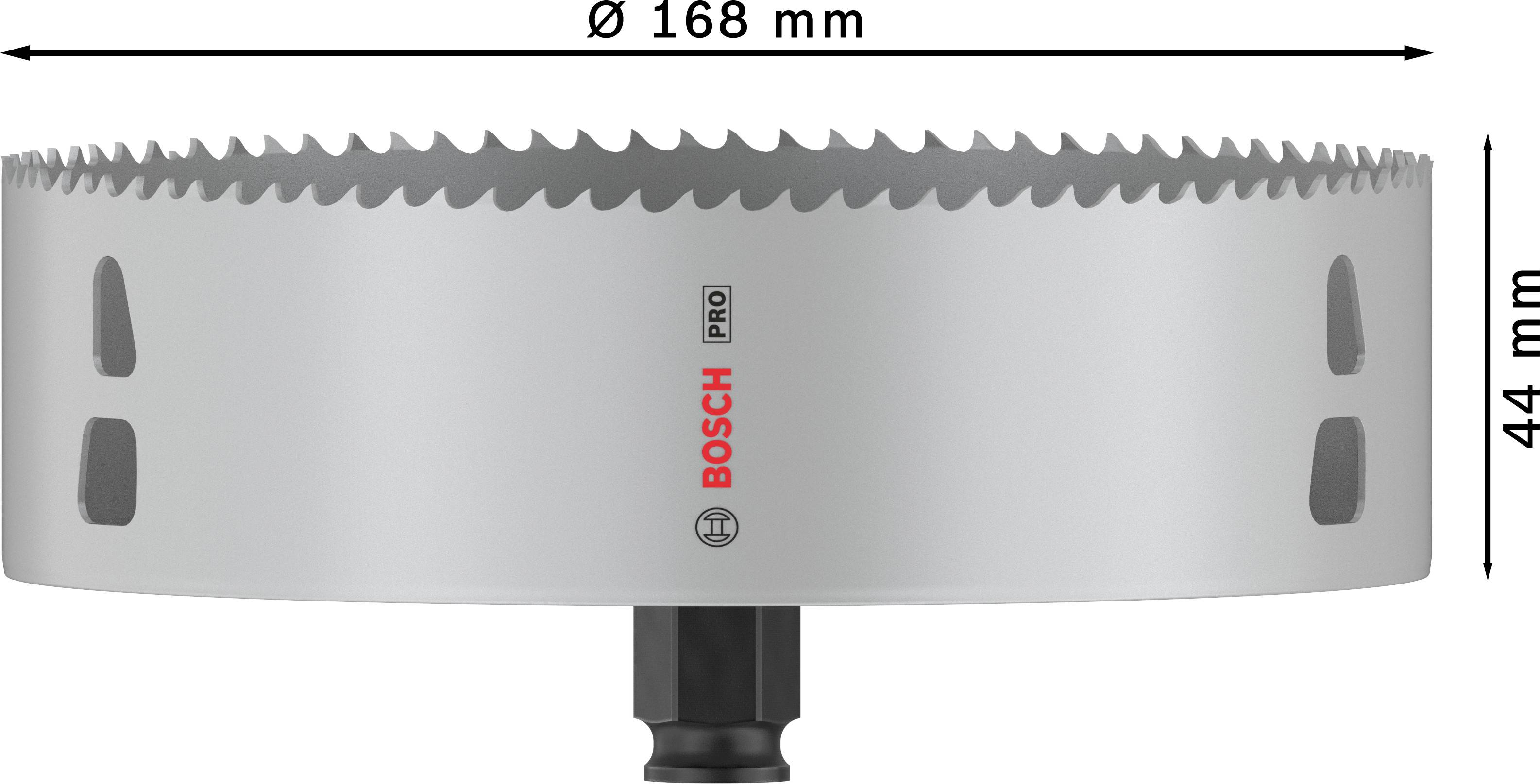 Vrtací korunka s průměrem 168 mm a hloubkou 44 mm, značka Bosch.