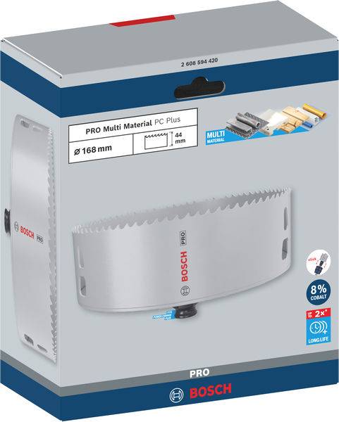 Děrová pila PRO Multi Material PC Plus, průměr 168 mm, vhodná pro různé materiály, včetně zobrazení možností použití.