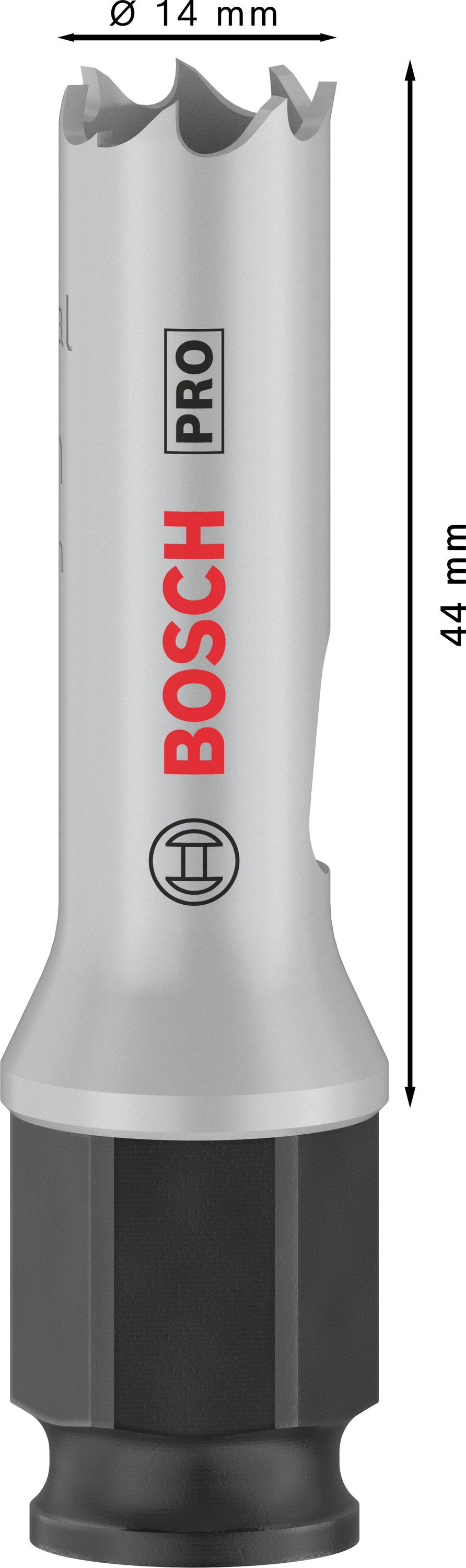 'Bosch Pro děrovka, průměr 14 mm, délka 44 mm' – válcový tvar, šedé a černé barvy, vhodná pro přesné vrtání.