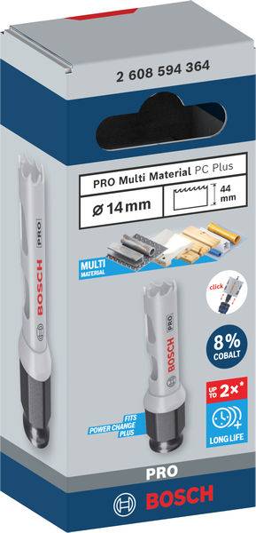 Děrovací pila značky Bosch z profesionální řady pro víceúčelové materiály, průměr 14 mm, s 8% kobaltu pro delší životnost, zobrazená na obalu.