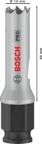 Na obrázku je zobrazen šedý nástavec na děrovací pilu Bosch Pro o průměru 14 mm a výšce 44 mm.
