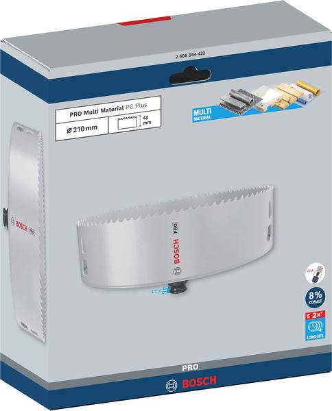 Balení Bosch děrovací pily, průměr 210 mm, vhodné pro různé materiály. Obsahuje vyobrazení produktu a technické údaje.