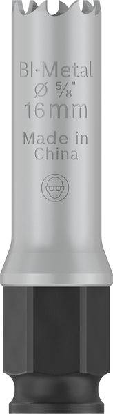 Stříbrná bimetalová nástavná děrovací pila, průměr 16 mm, s potiskem 'BI-Metal, Ø 5/8, 16 mm, Made in China'.