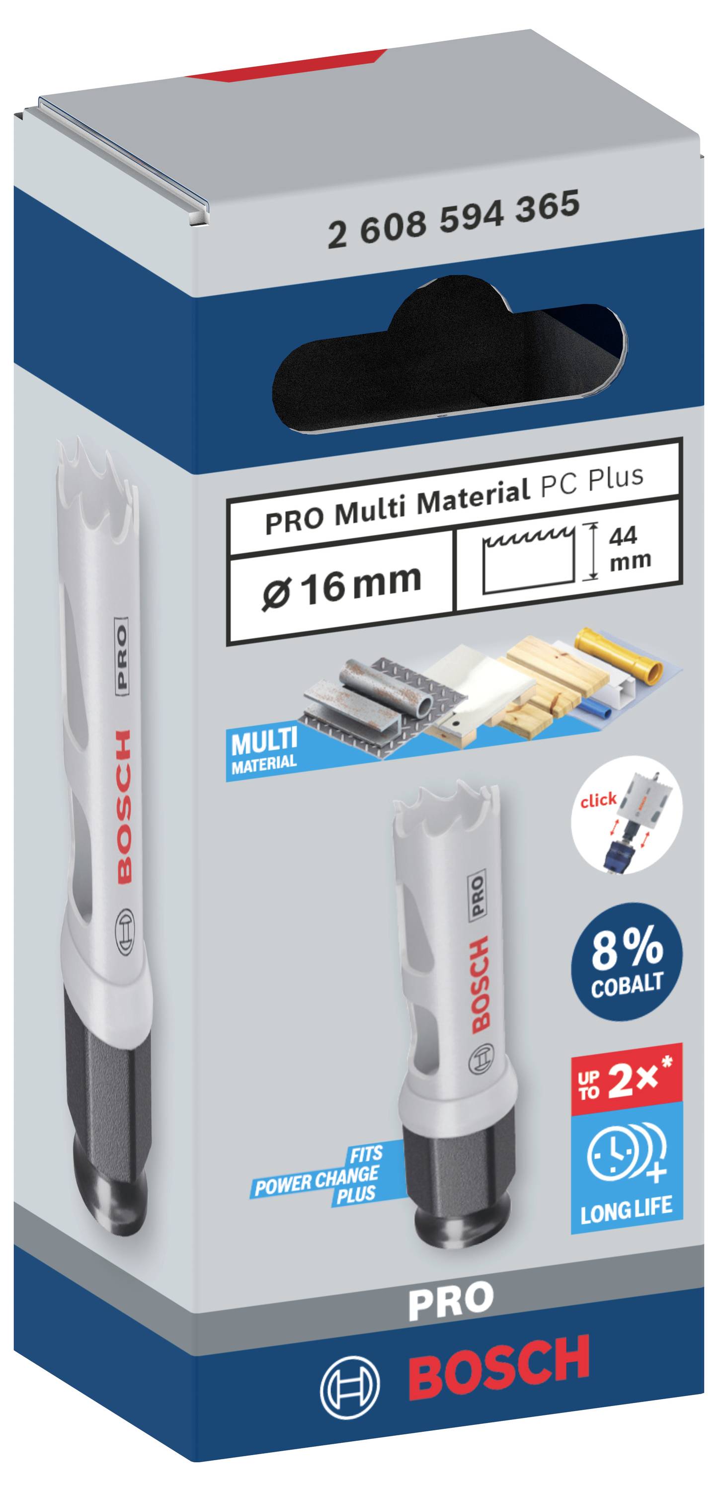 'Bosch PRO Víceúčelová děrovací pila Plus, Ø 16 mm, pro různé materiály, včetně adaptéru. 8% kobalt, dlouhodobě odolná.'