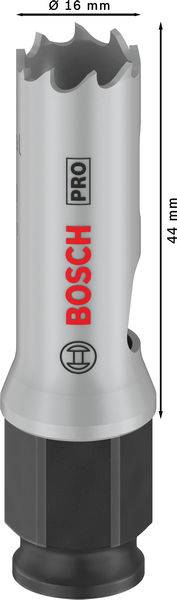 Dutý vrták o průměru 16 mm a délce 44 mm. Označení: 'Bosch Pro'. Vhodný pro vrtání do různých materiálů.