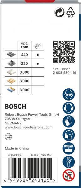 Obal zobrazuje tabulku kompatibility pilových listů Bosch s otáčkami a QR kódem. Obsahuje bezpečnostní symboly a firemní údaje.
