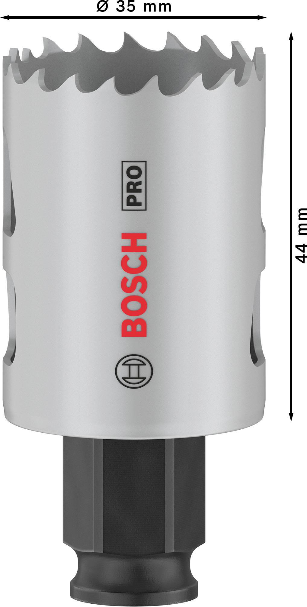 Kovová korunková pila s logem 'BOSCH PRO', Ø 35 mm, výška 44 mm, ostré zuby pro přesné vrtání do kovů.