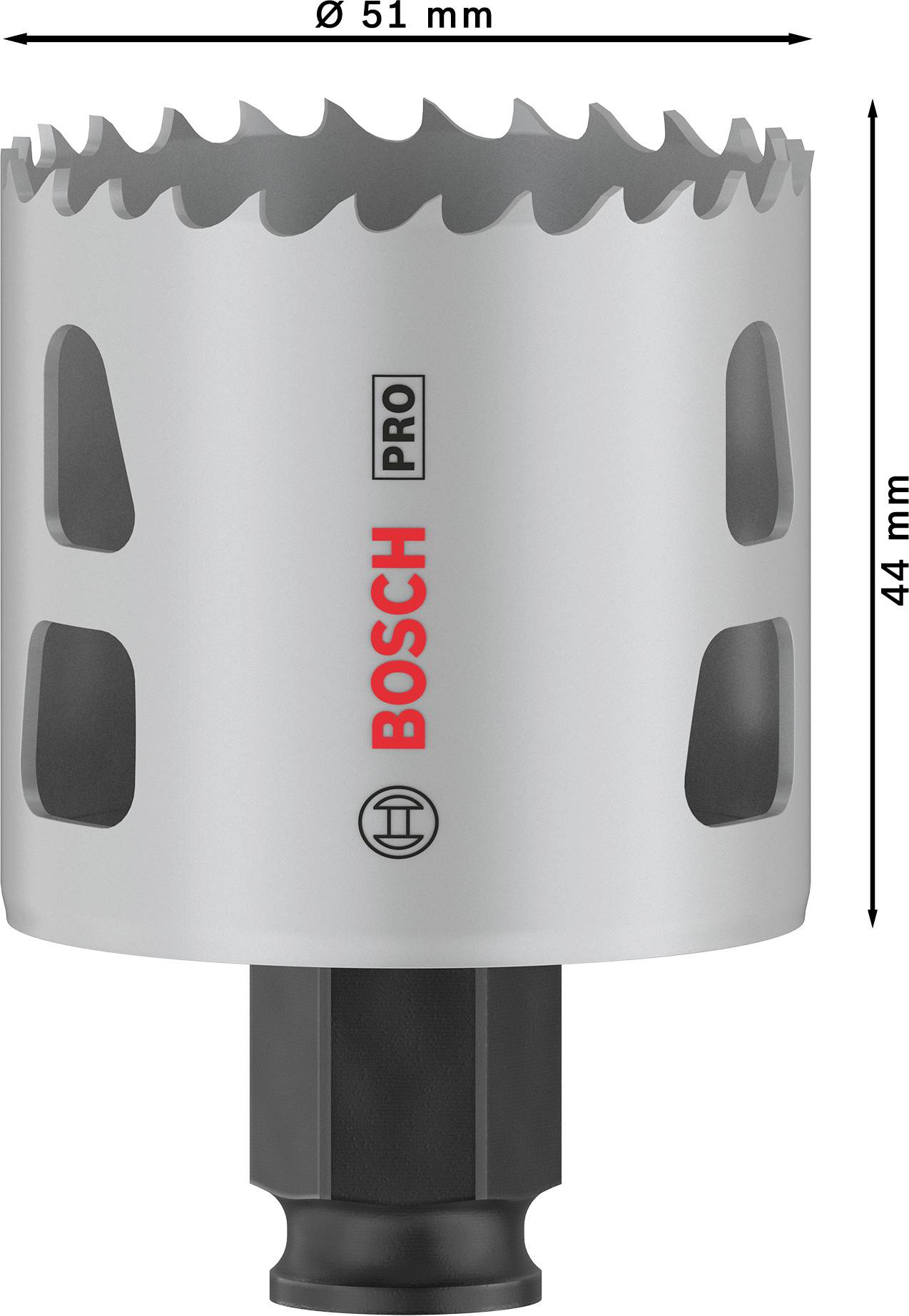 Stříbrná kruhová vrtací korunka Bosch Pro s průměrem 51 mm a výškou 44 mm.