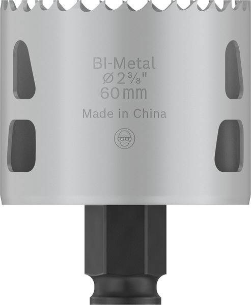 Stříbrná děrovací pila z bi-kovu, průměr 60 mm, s černým jádrem. Text: 'BI-Metal Ø 60 mm, Vyrobeno v Číně'.