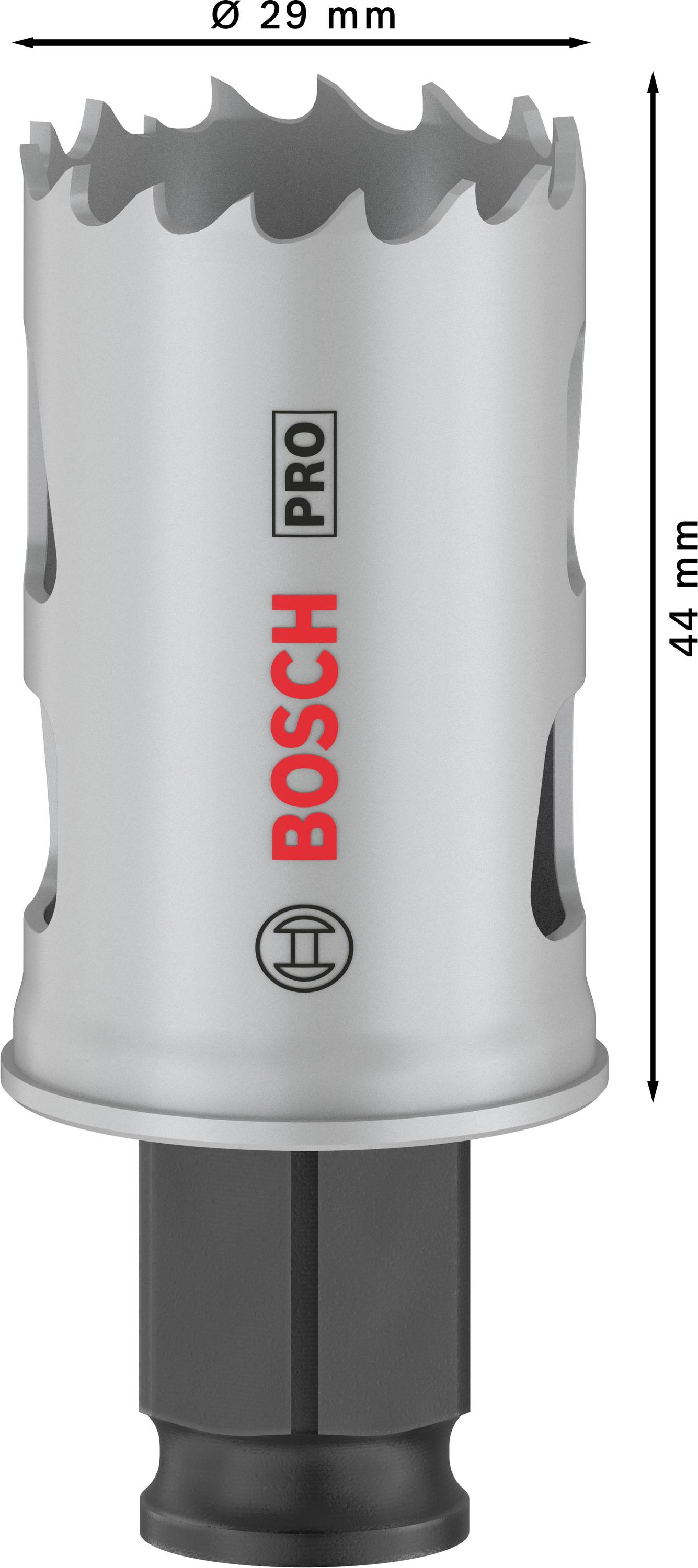 Děrovka 'Bosch Pro' s průměrem 29 mm a hloubkou 44 mm, stříbrná.