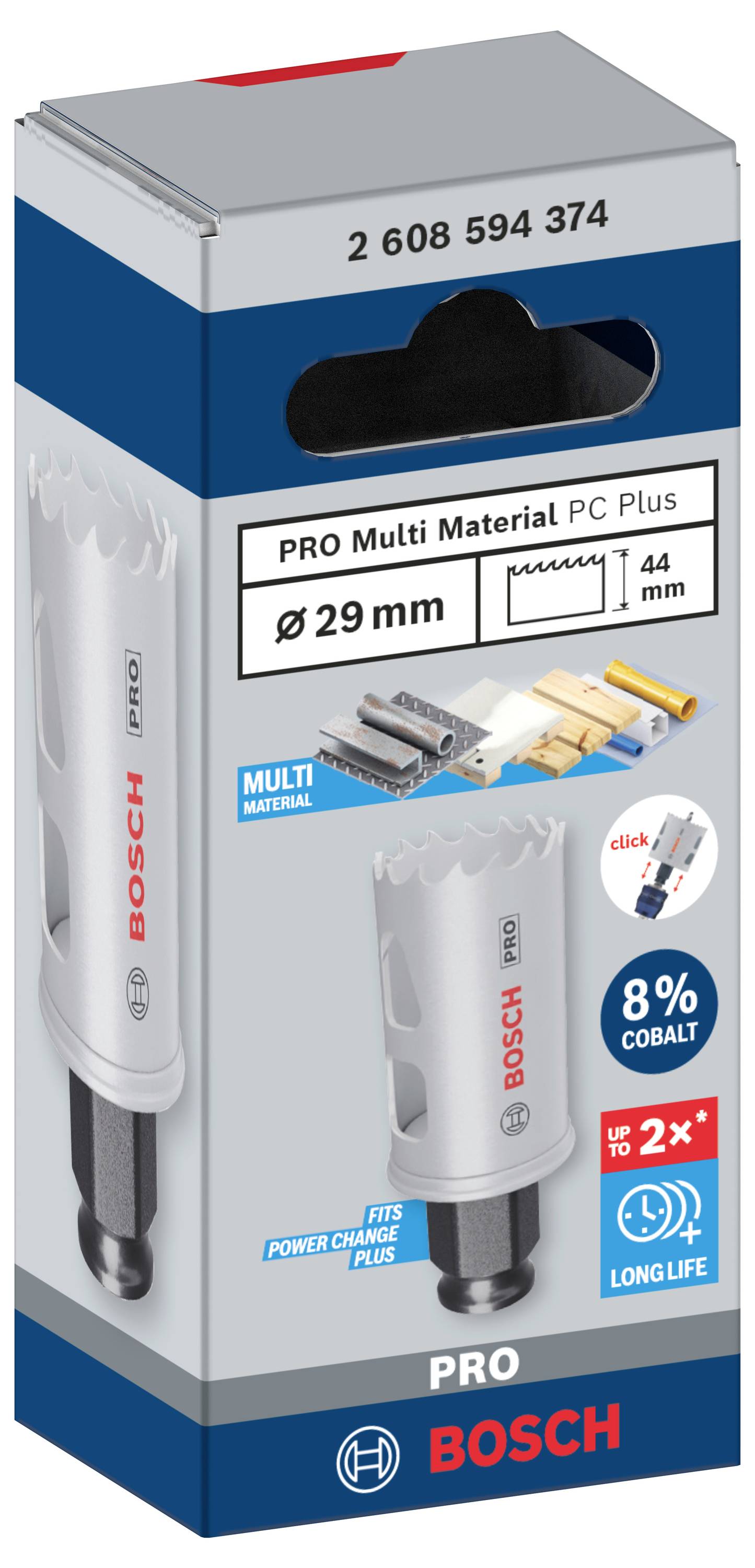 Balení Bosch děrovací pily. Hlavní charakteristiky: průměr 29 mm, 8% kobalt, vhodná pro různé materiály.