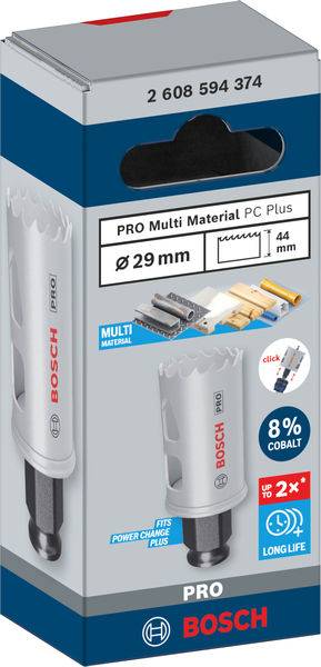 Balení Bosch Pro Multi Material děrovací pily. Údaje: Průměr 29 mm, vhodná pro řezání různých materiálů, 8% kobaltové slitiny.