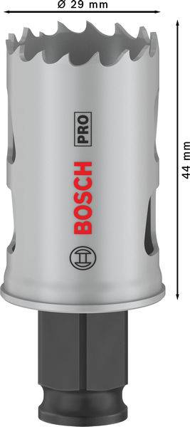 Vrtací koruna od Bosche, průměr 29 mm a výška 44 mm, stříbrné barvy, vhodná pro profesionální použití.