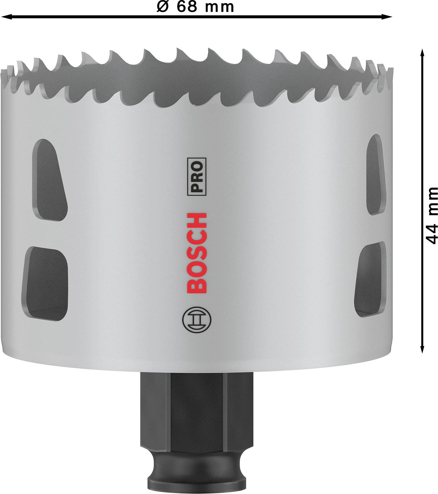 Pilový kotouč s logem Bosch, průměr 68 mm, výška 44 mm, šedá barva, ozubený okraj. Používá se k řezání otvorů v materiálech.