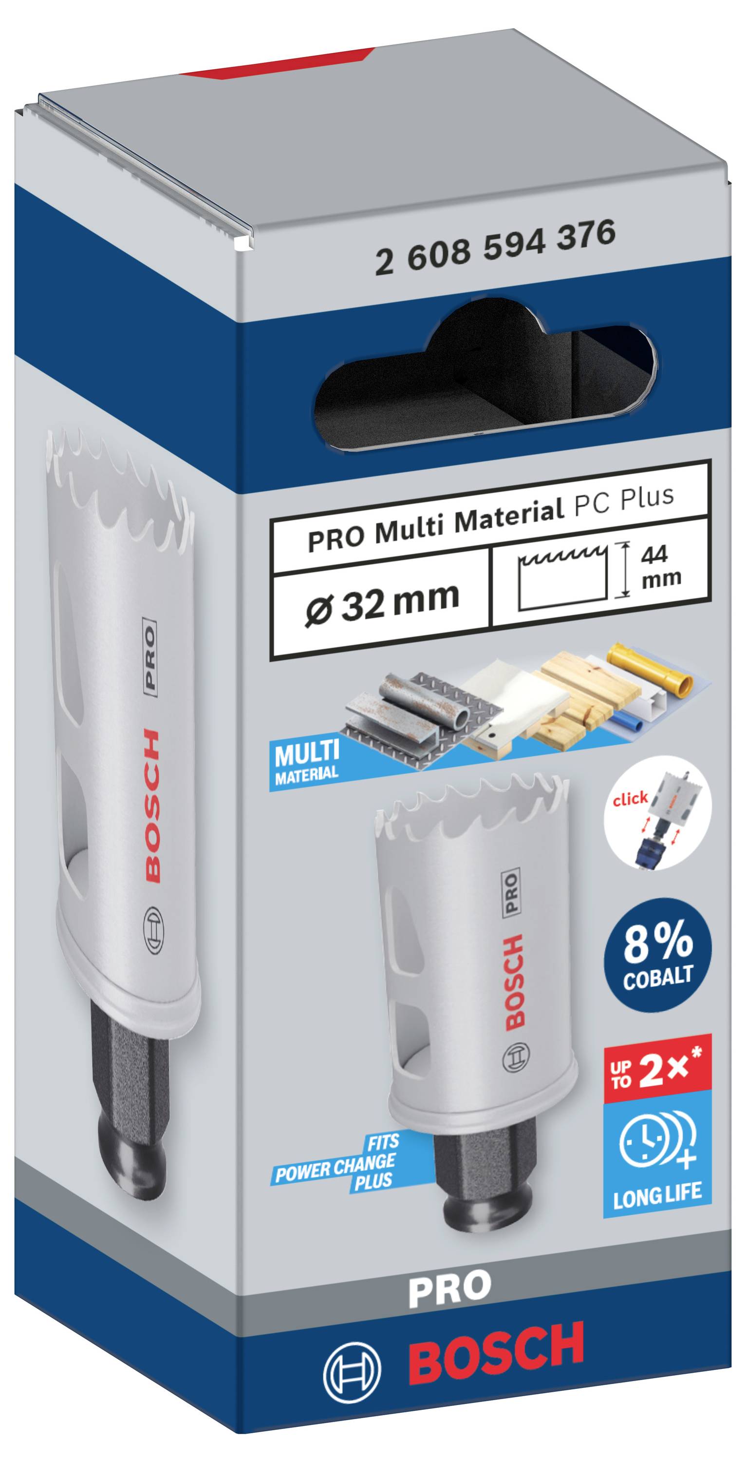 Balení Bosch děrovací pily, průměr 32 mm, vhodné pro různé materiály. Obsahuje informace o trvanlivosti a výkonu.
