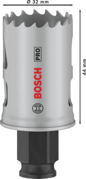 Stříbrná děrovací pila Bosch Pro s průměrem 32 mm a výškou 44 mm.