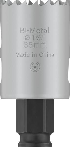Bi-kovová děrovací pila o průměru 35 mm. Text na pile: 'BI-Metal Ø 1 3/8" 35 mm Vyrobeno v Číně.'