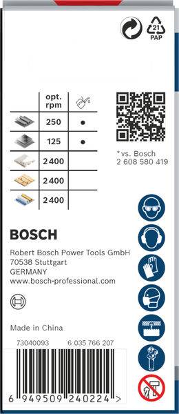 Obal nástroje Bosch, zobrazující otáčky: 250, 1250, 2400; obsahuje adresní informace, QR kód a recyklační symboly.
