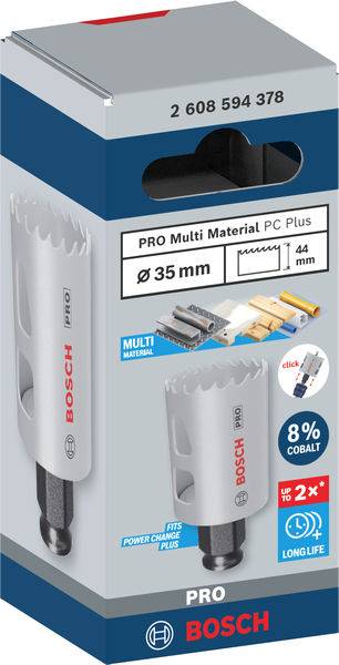 Balení vrtáku Bosch Pro Multi Material, průměr 35 mm, vhodný pro různé materiály. Obsahuje kobalt pro delší životnost.
