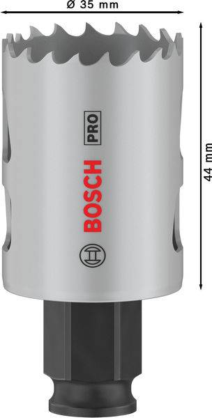 Šedé dřevěné pouzdro pilového nástavce s červeným nápisem 'BOSCH PRO', průměr 35 mm, délka 44 mm.