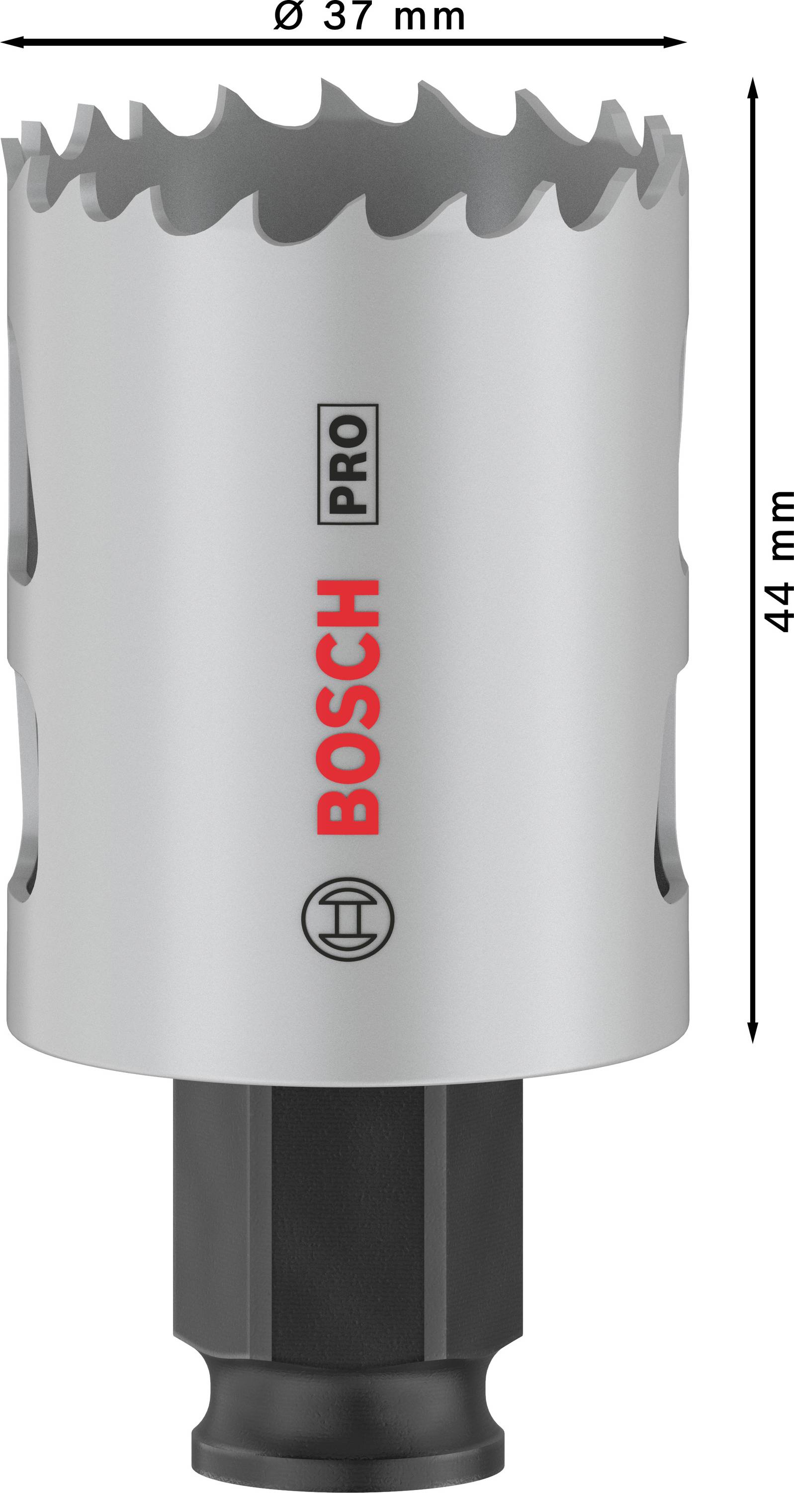 Kovový děrovač s průměrem 37 mm a výškou 44 mm, stříbrná barva, s logem 'Bosch Pro'.