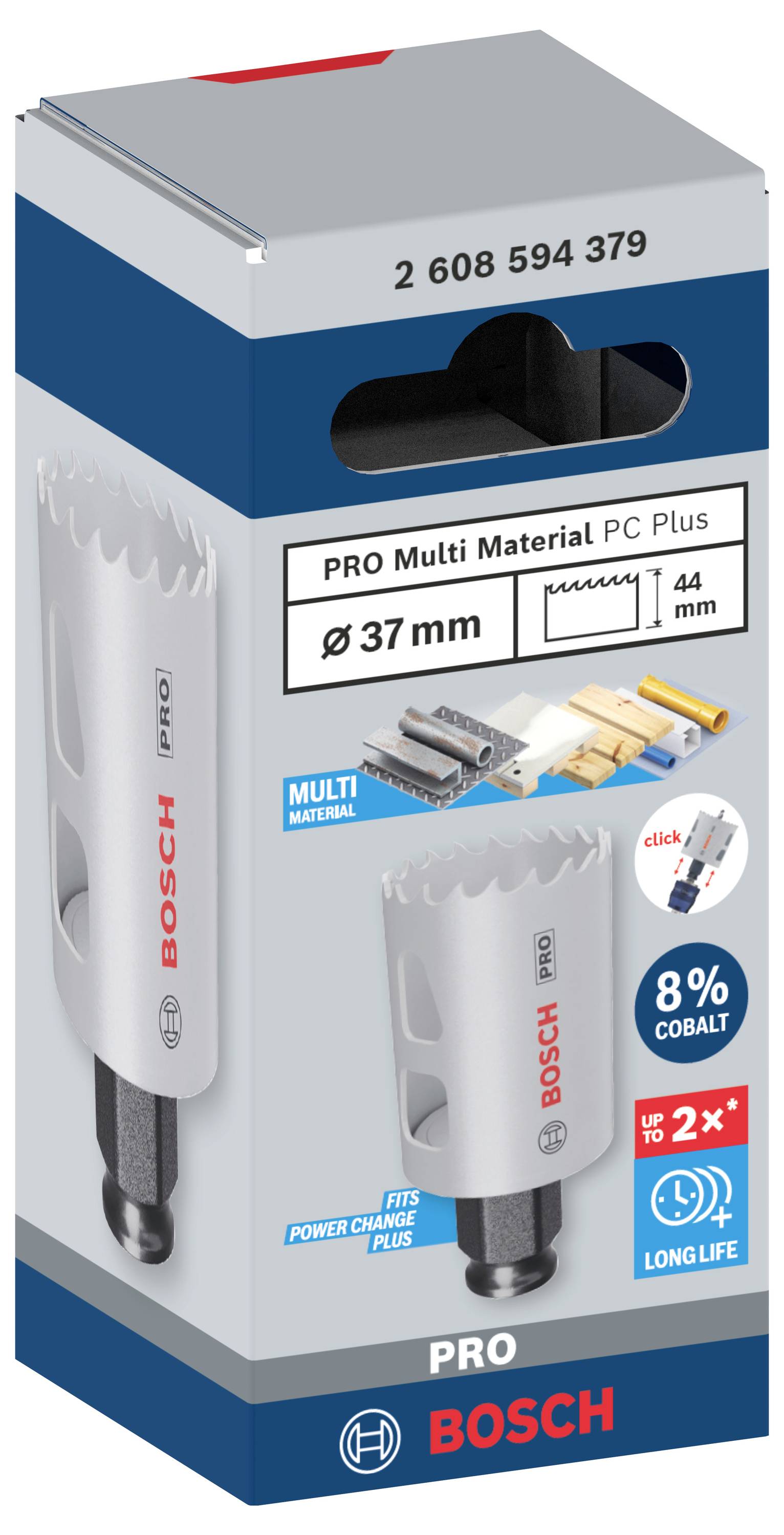 'Bosch PRO víceúčelová děrovací pila, průměr 37 mm, vhodná pro různé materiály, se zvýšenou životností a efektivitou.'