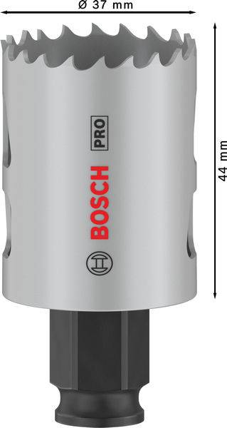 'BOSCH PRO' děrovací pila s průměrem 37 mm a výškou 44 mm, stříbrné barvy, se zoubkovaným okrajem na bílém pozadí.