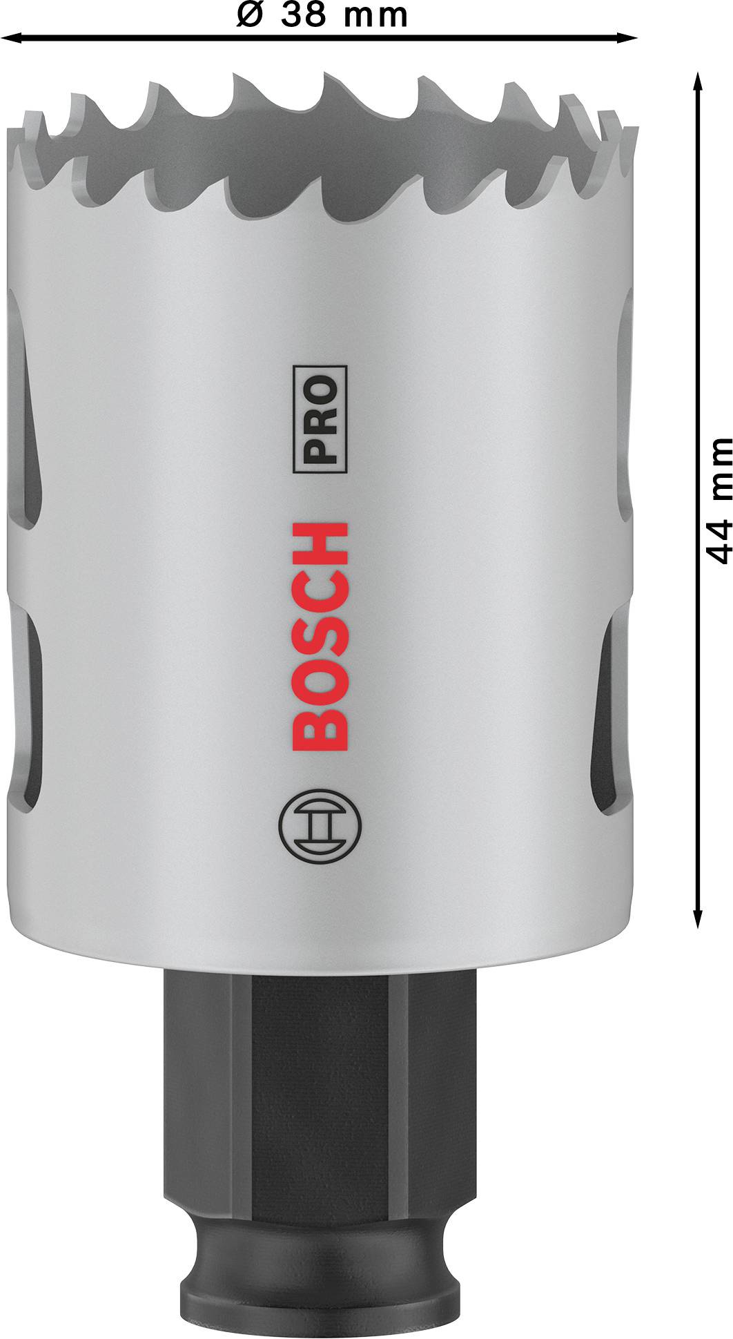Korunka pro vrtání do kovu s Ø 38 mm, délka 44 mm, značka 'Bosch PRO'.