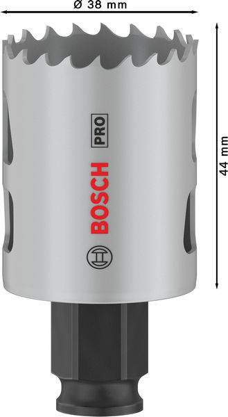 Děrovací pila s průměrem 38 mm a výškou 44 mm, opatřená logem Bosch a Pro. Vhodná pro přesné vrtací práce.