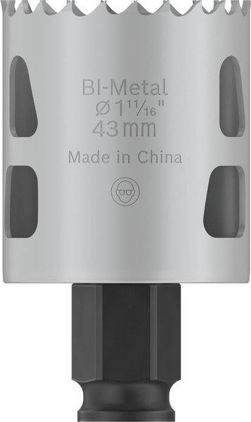Stříbrný bimetalový nástavec pilového vrtáku s označením 'Ø 11/16", 43 mm, Made in China'. Ideální pro opracování kovu.